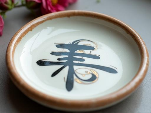 Dettaglio di un piatto in ceramica con decorazioni calligrafiche realizzate a mano